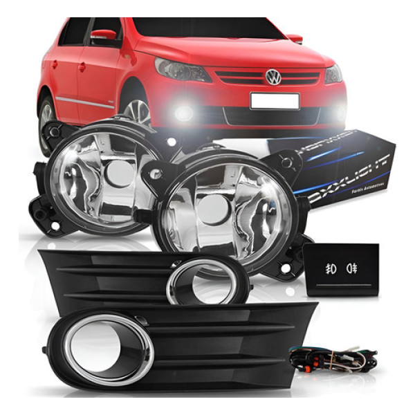 Kit Farol Neblina Milha Gol 09/12 Gv Com Grade Aro Cromado Transparente