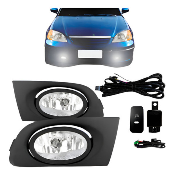 Kit Farol Neblina Milha Civic 2001 2002 2003 C/ Grade Preta Cristal